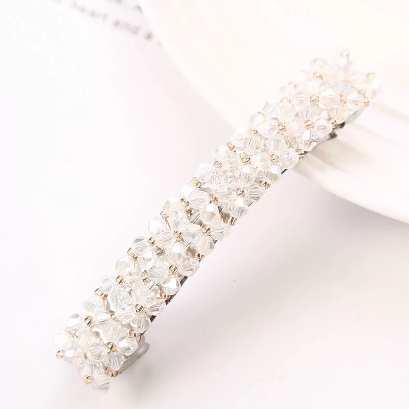 Hairpin crystal clip, hand‑made rhinestone alloy, fishline weave, Korean style, 9×1.6 cm