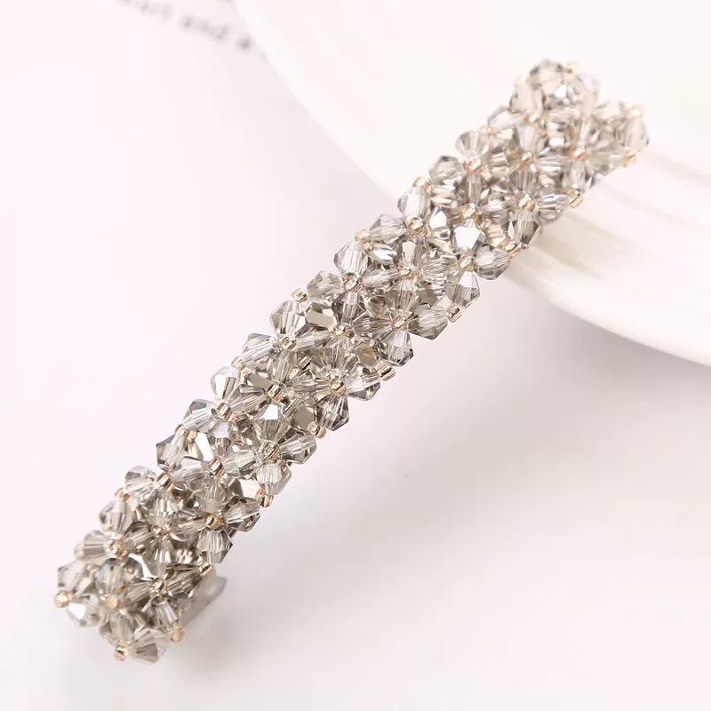 Hairpin crystal clip, hand‑made rhinestone alloy, fishline weave, Korean style, 9×1.6 cm