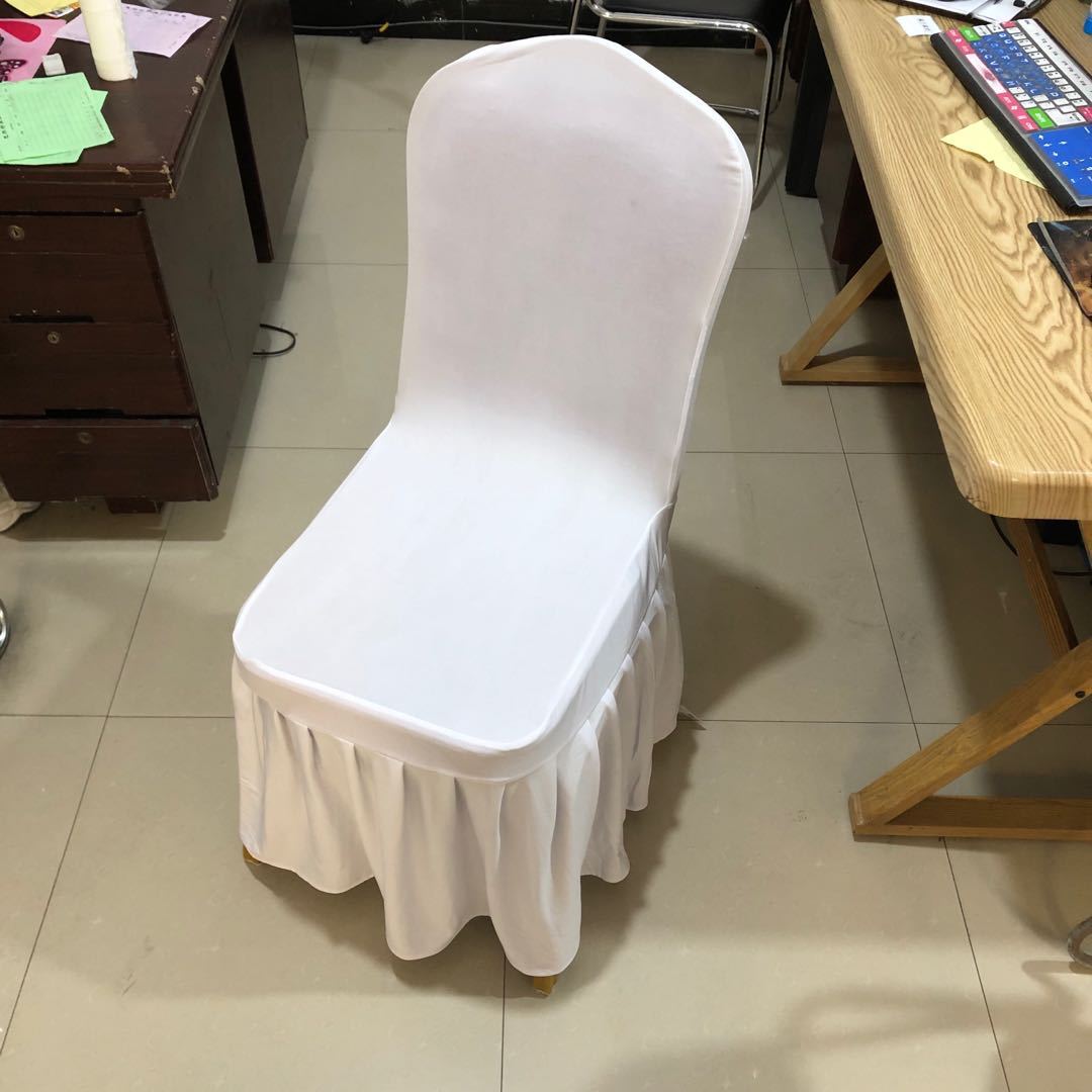 순수한 흰색 탄성 의자 커버 (스커트가있는 중간 두께)