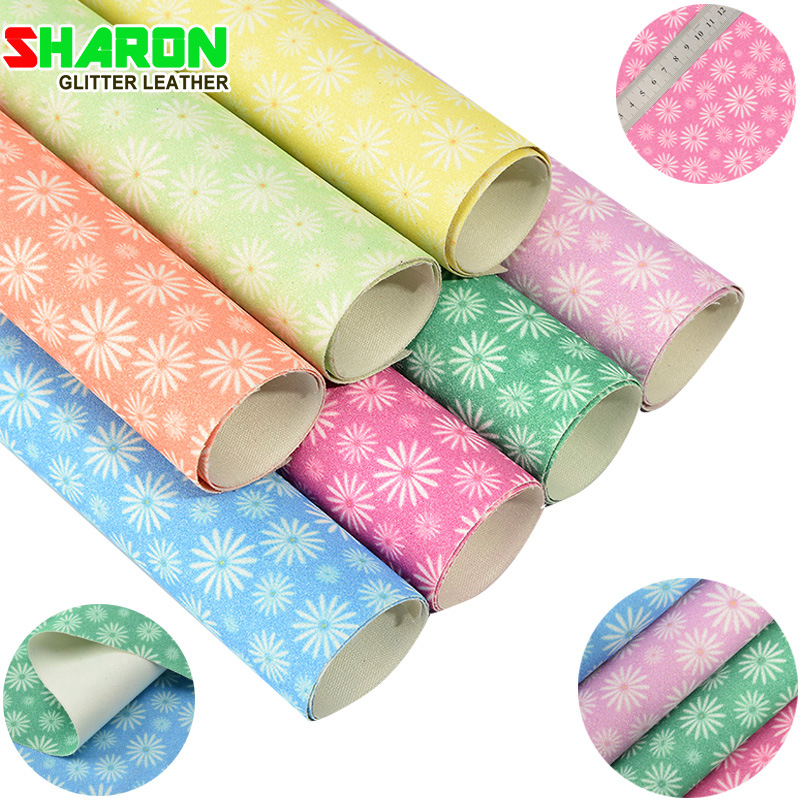 SR18005 PU底数码印花黛丝菊格利特工艺品礼品装饰皮革面料格利特