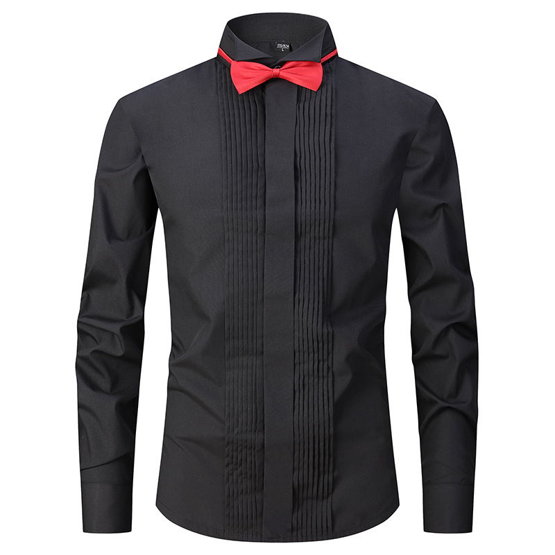 Productos de fábrica pasan AliExpress Venta caliente negro boda masculina manga larga camisa color sólido golondrina collar vestido padrino camisa maestro