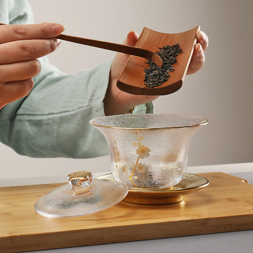 Chinese heat-resistant hammer-textured glass gold edge gaiwan tea bowl, sandblasted trinity teacup, serving tea bowl