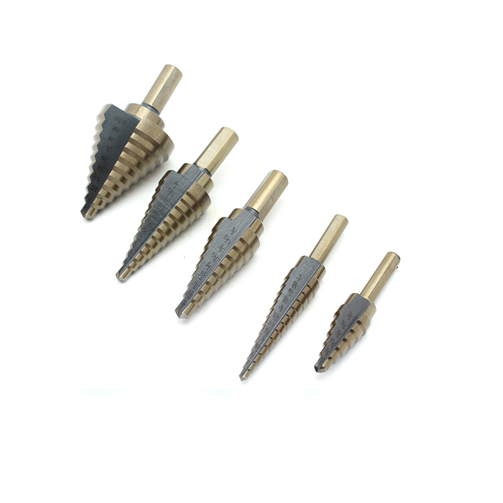 Británico 5 piezas de aluminio en caja paso taladro 6-pieza negro y amarillo pagoda taladro multifunción herramienta de perforación