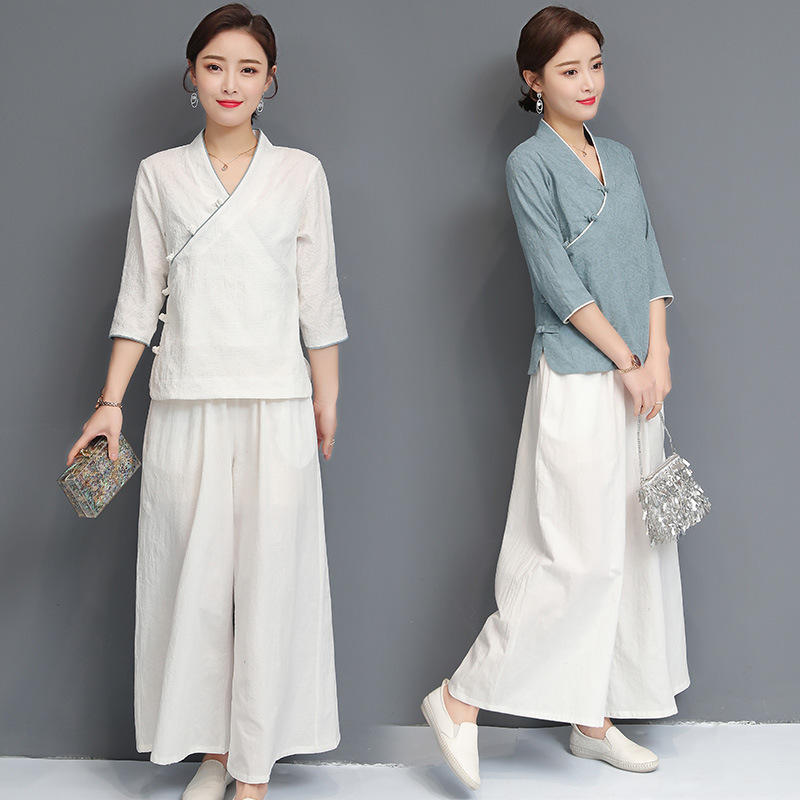 Spring and Summer Chinese style cotton linen yoga clothes suit women's vintage jacquard Hanfu Ju Shi clothing meditation tea man clothes two-piece suit