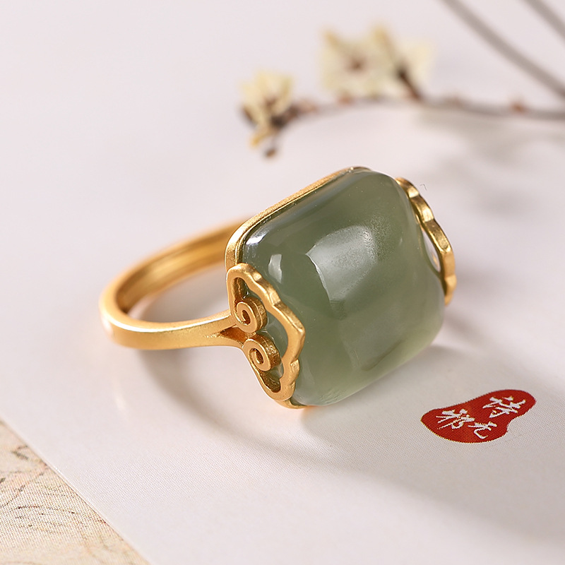 Nhẫn nữ bạc S925 mạ vàng đính ngọc bích sapphire hình mây lành — Mẫu màu đậm