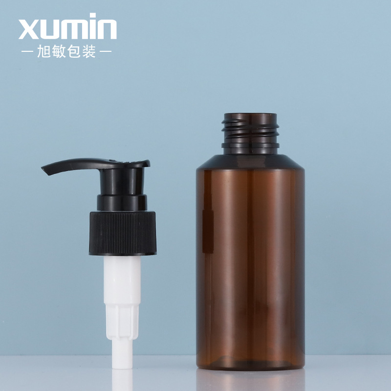 En stock negro rayado Mercury-Presionado PET oblicua loción de hombro prensa botella cosmética sub-botella vacía Xumin material de embalaje
