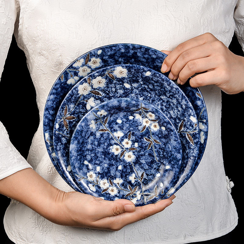 Japanese Ceramic Blue Cherry Blossom Tableware Mino Ware Japanese-Style Rice Bowl and Dish Set with Underglaze Color Technique for Home Use