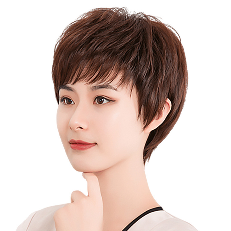 Wig Female Short Hair Texture Mother Full Hair Style Middle-Aged and Elderly Real Hair Hair Set Female Real Hair Wig Headgear