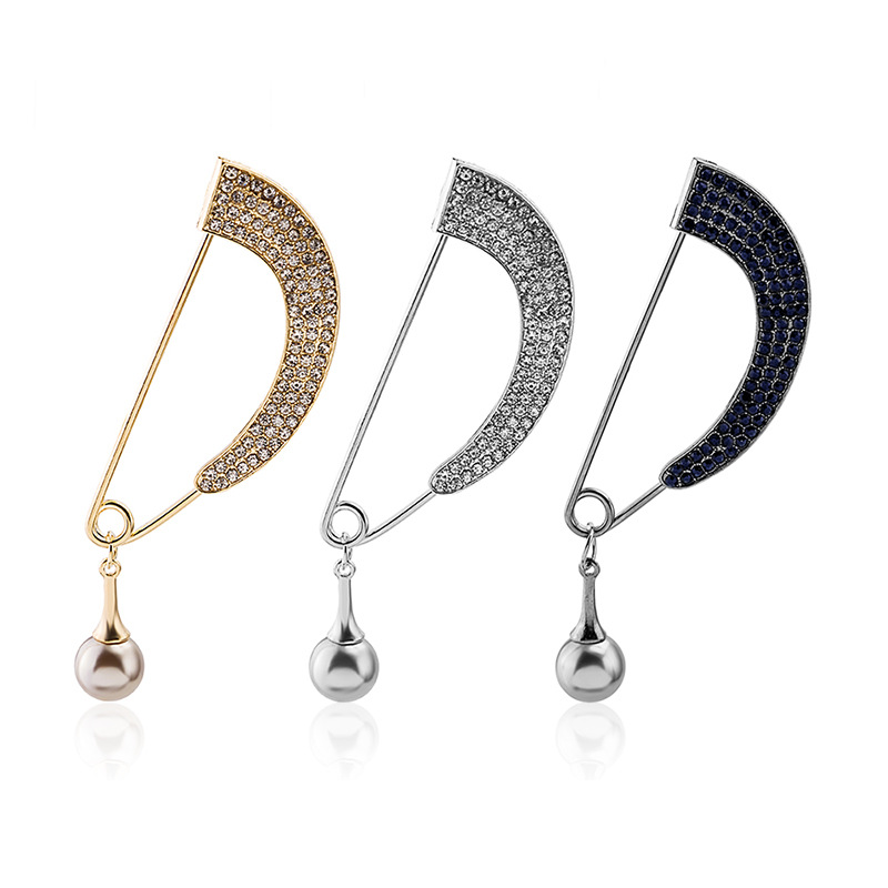 Europe and the United States cross-border personality diamond pin full diamond curved pendant pearl brooch shirt collar pin anti-light chest buckle