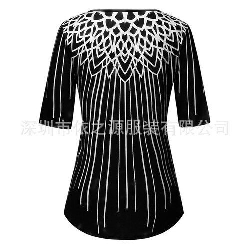 Geometric Print Round Neck T-Shirt with Five-Button Sleeve - European and American Independent Station