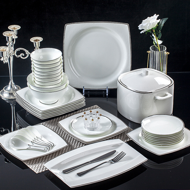 碗碟套装 景德镇陶瓷欧式高档餐具套装碗盘 家用骨瓷银边盘子组合