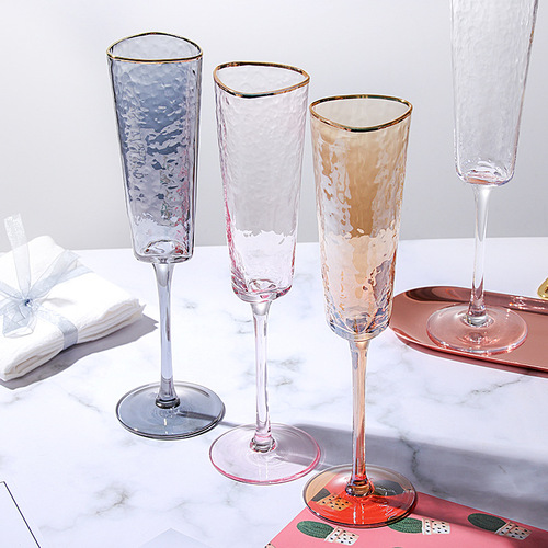 Creative hammered pattern with gold rim pink gray crystal glass red wine glass model room champagne glass European style goblet