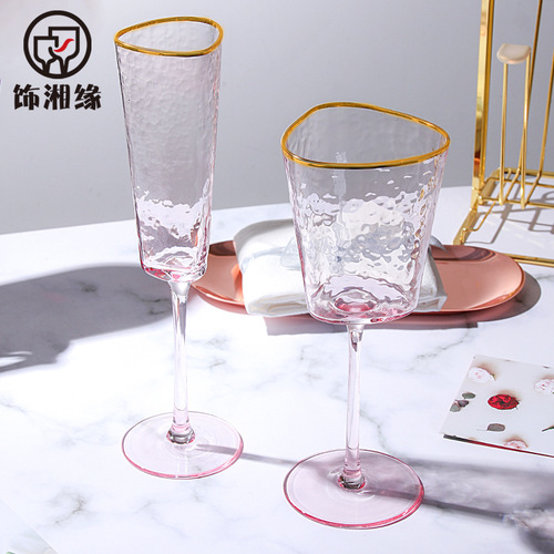 Creative hammered pattern with gold rim pink gray crystal glass red wine glass model room champagne glass European style goblet