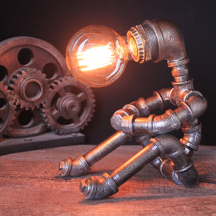 Wrought Iron Water Pipe Robot Table Lamp Industrial Personality Creative Bedside Bar Dormitory Decoration Edison Gift Table Lamp