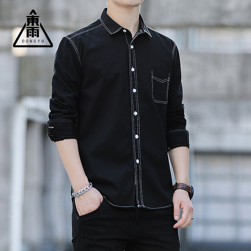 Camisa Dongyu para hombre, camisa de algodón negra estilo denim sintético para primavera, camisa informal moderna para hombre, en stock, venta al por mayor, versátil.