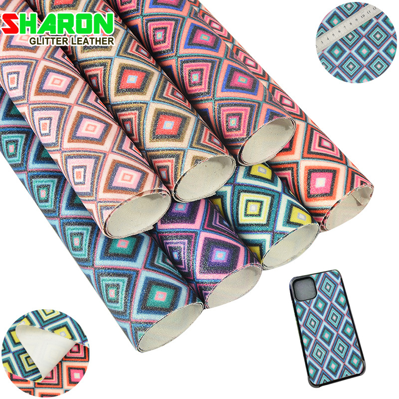 SR18007 PU布底数码印花棱形格利特箱包鞋材手机壳小饰品皮革面料