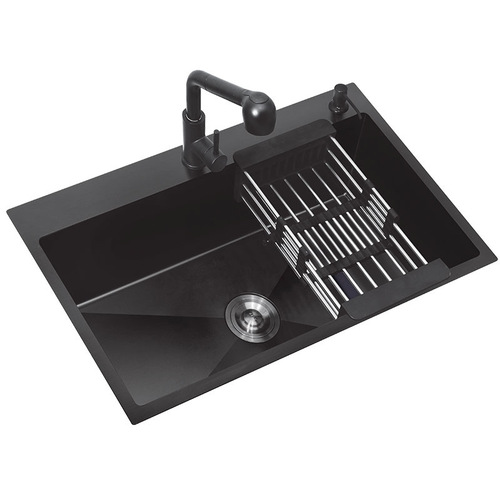 Large Single-Bowl Kitchen Sink Manually Made Black 304 Nanometer Stainless Steel Washing Basin Home Dishwashing Sink
