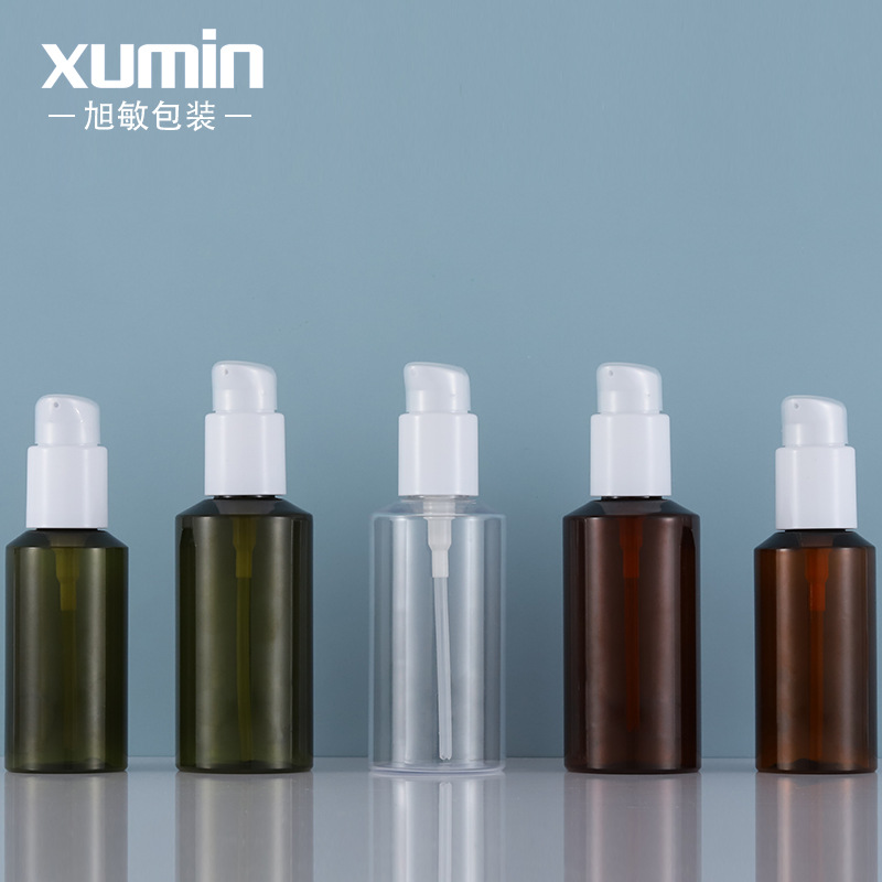 En stock hombro oblicuo PET botella de loción de compresión Cabeza oblicua blanca con cerradura Mercurio presionando cosméticos sub-botella Xumin material de embalaje