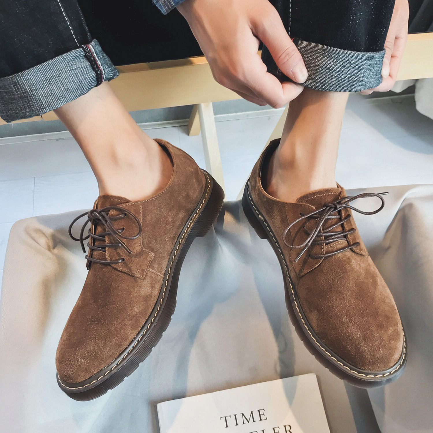 BUFFNY 秋季新款男鞋时尚百搭系带皮鞋男英伦低帮平底加绒休闲鞋