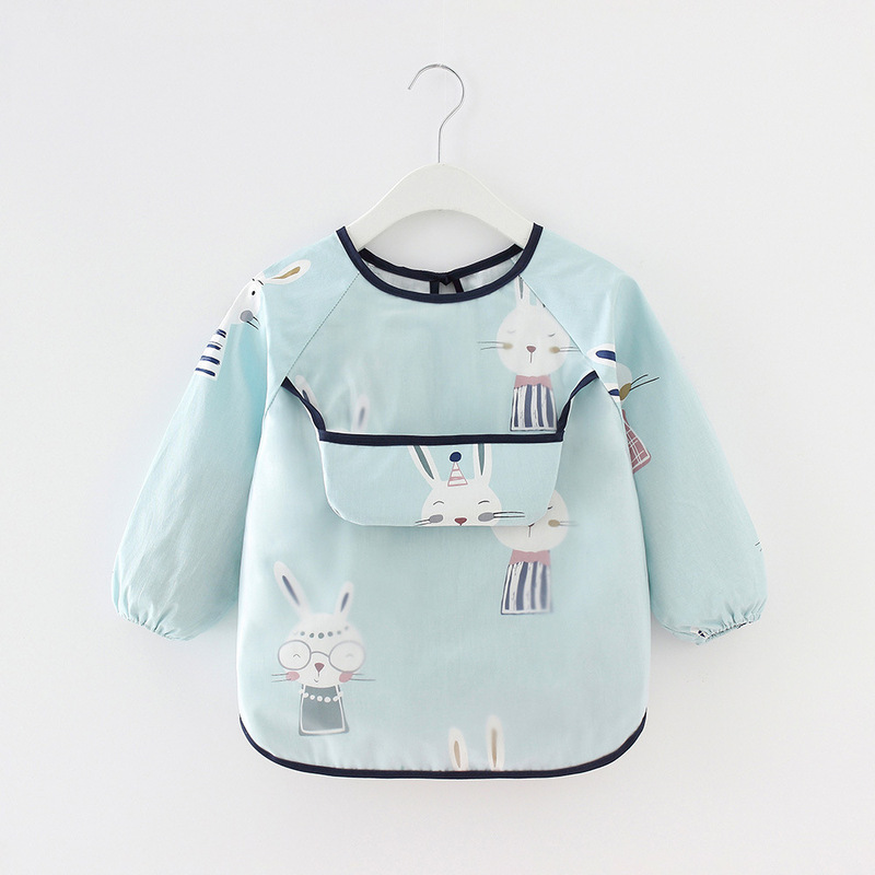 Children's Smock Waterproof Long-Sleeved Reverse Dressing Baby Eating Clothes Apron Pure Cotton Kidsren's Bib Protective Clothing with Rice Pocket