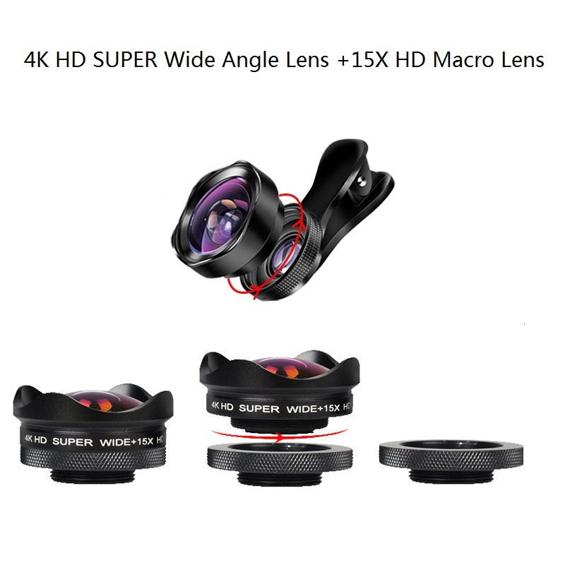 Teléfono móvil HD sin distorsión lente 15X macro lente de teléfono móvil 0.45X gran angular 4K óptico de múltiples capas de vidrio recubierto