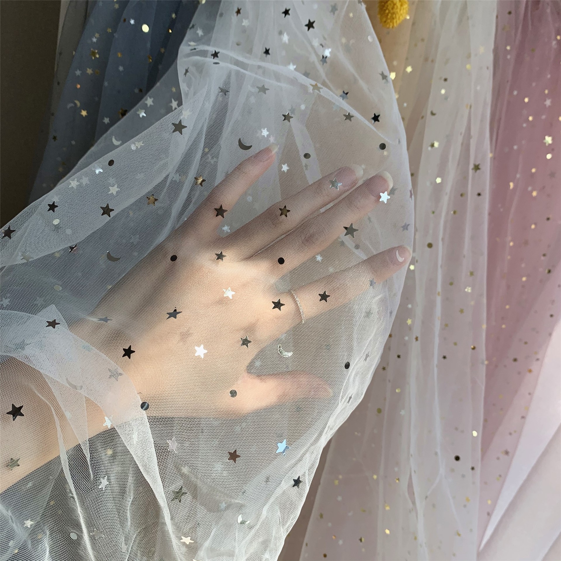 Ins网眼布星星月亮冲片金银 童装洛丽塔桌布DIY面料多色现货批发