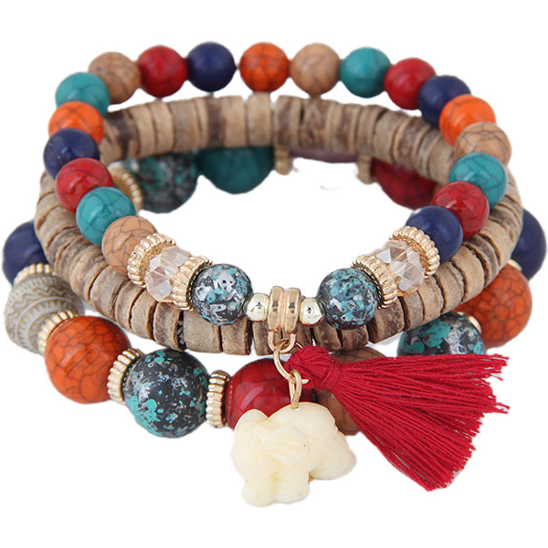 Bohemian Elephant Charm Bracelet With Wooden Beads Multi-layer_voghion.com