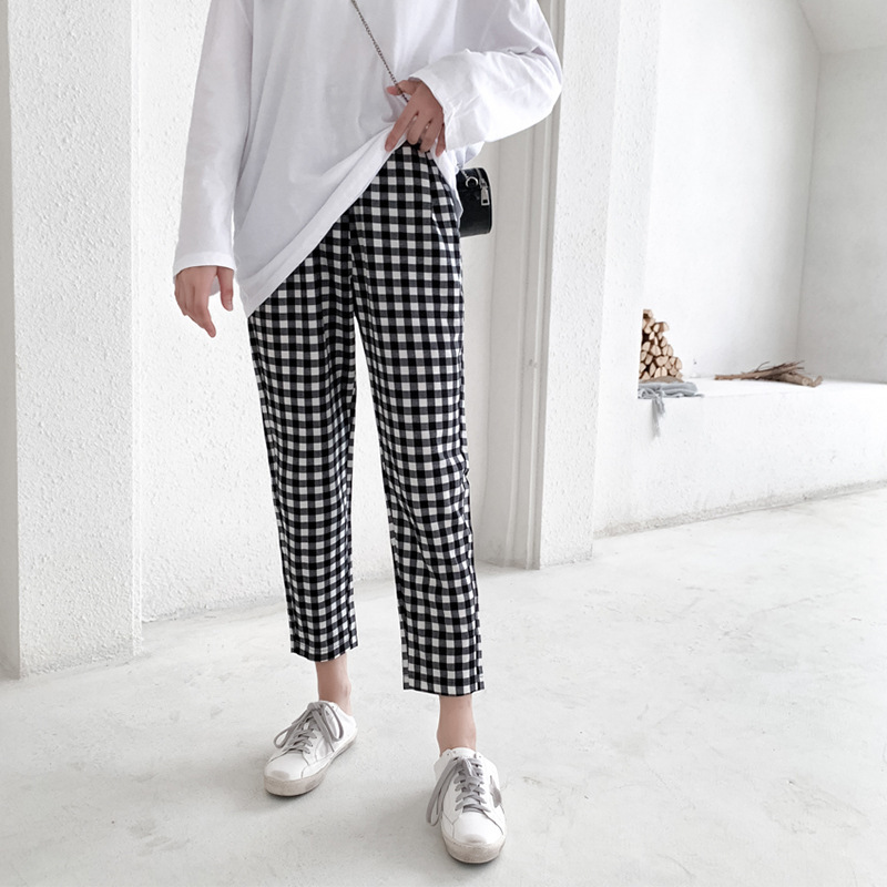 Summer Maternity Pants Large Size Loose Radish Casual Nine-Point Three-Point Plaid Pants Maternity Harem Pants Granny Pants