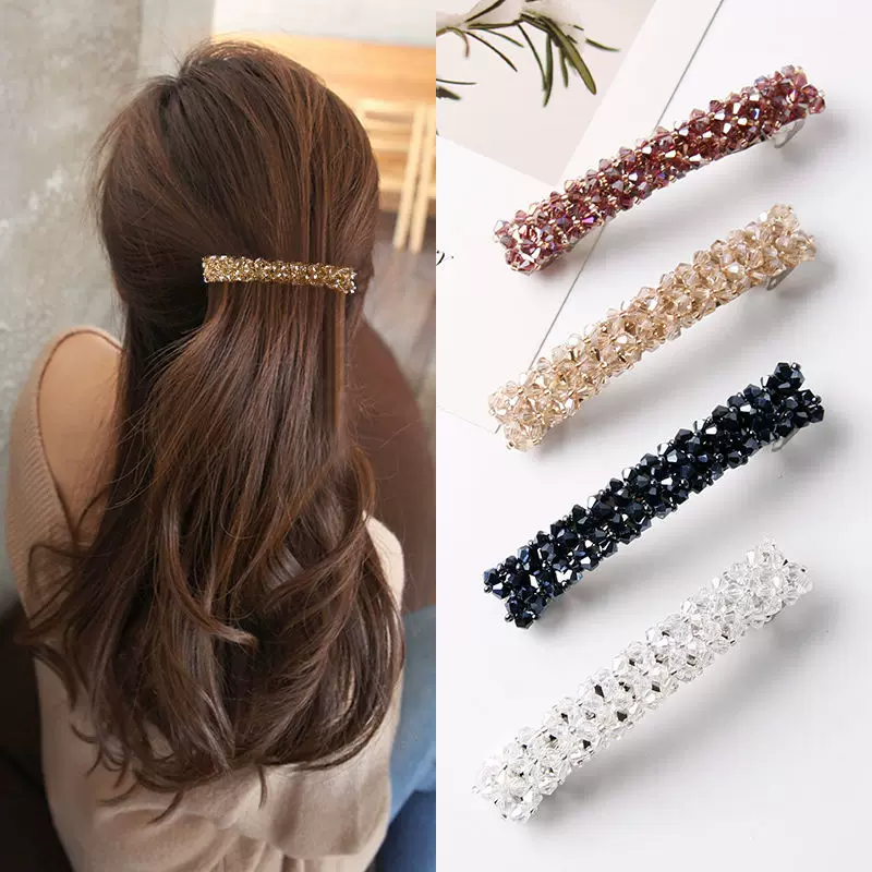 Hairpin crystal clip, hand‑made rhinestone alloy, fishline weave, Korean style, 9×1.6 cm