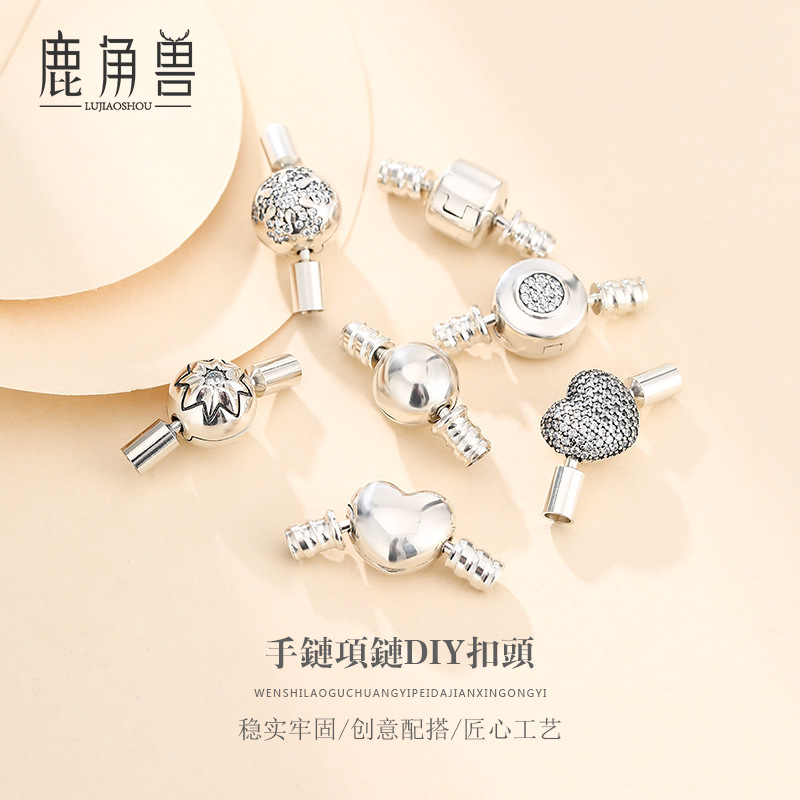 S925纯银diy饰品配件潘家皮绳手链扣头连接扣3D硬银项链扣银配饰