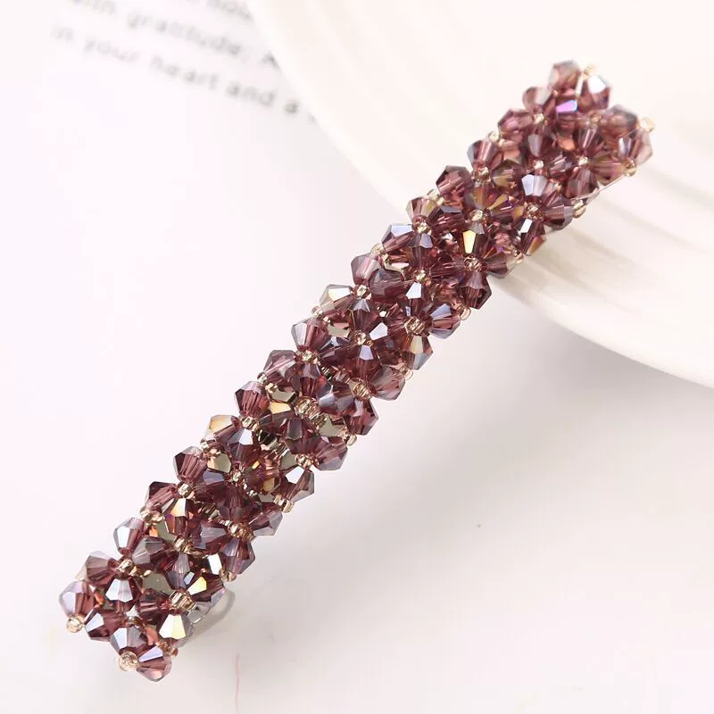Hairpin crystal clip, hand‑made rhinestone alloy, fishline weave, Korean style, 9×1.6 cm