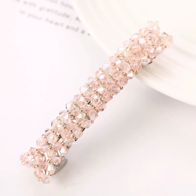 Hairpin crystal clip, hand‑made rhinestone alloy, fishline weave, Korean style, 9×1.6 cm