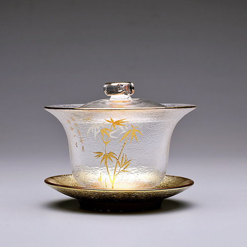 Chinese heat-resistant hammer-textured glass gold edge gaiwan tea bowl, sandblasted trinity teacup, serving tea bowl