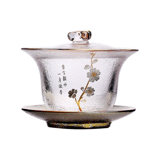 Chinese heat-resistant hammer-textured glass gold edge gaiwan tea bowl, sandblasted trinity teacup, serving tea bowl