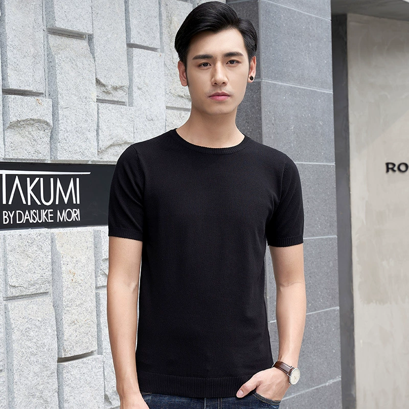 Весенне-летняя Мужская трикотажная одежда с короткими рукавами, футболка из ледяного шелка, Тонкий Повседневный простой базовый свитер с круглым вырезом и коротким рукавом