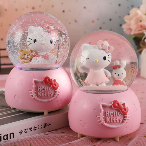 Girly Heart Cartoon KT Cat Glowing Snow Crystal Ball Music Box Ornament as a Birthday Gift for Girls, Best Friends and Children