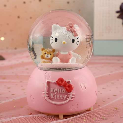 Girly Heart Cartoon KT Cat Glowing Snow Crystal Ball Music Box Ornament as a Birthday Gift for Girls, Best Friends and Children