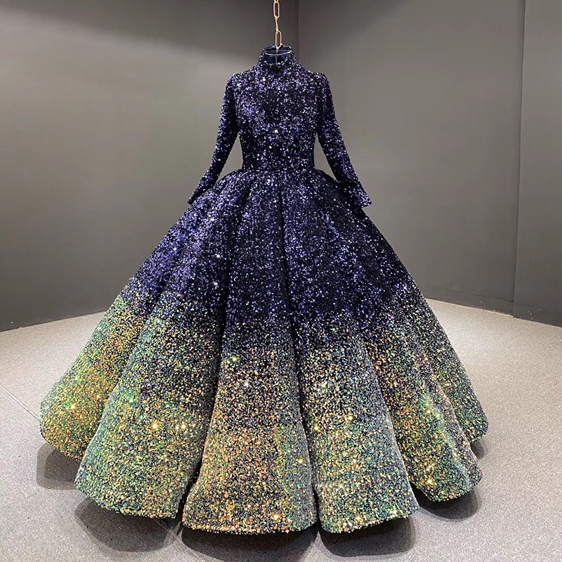 Foreign Trade European and American Wedding Dress 2026 Bride's Dreamy Gradient Sequin Ball Gown Puffy Skirt Stand Collar Long Sleeve Performance Evening Dress