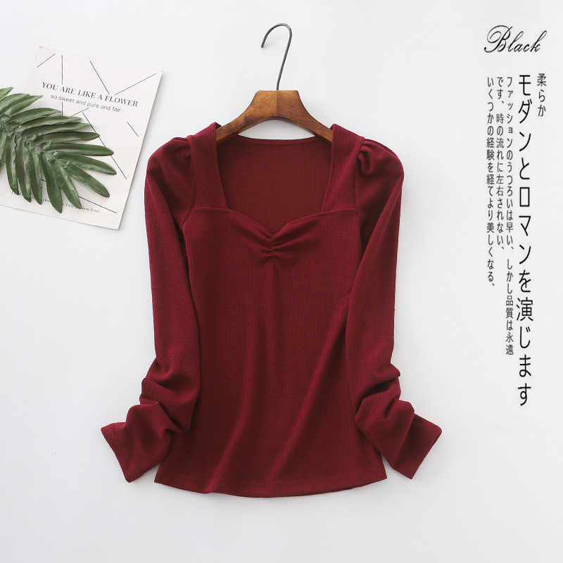 Осенний ретро лонгслив, квадратный вырез, облегающий крой