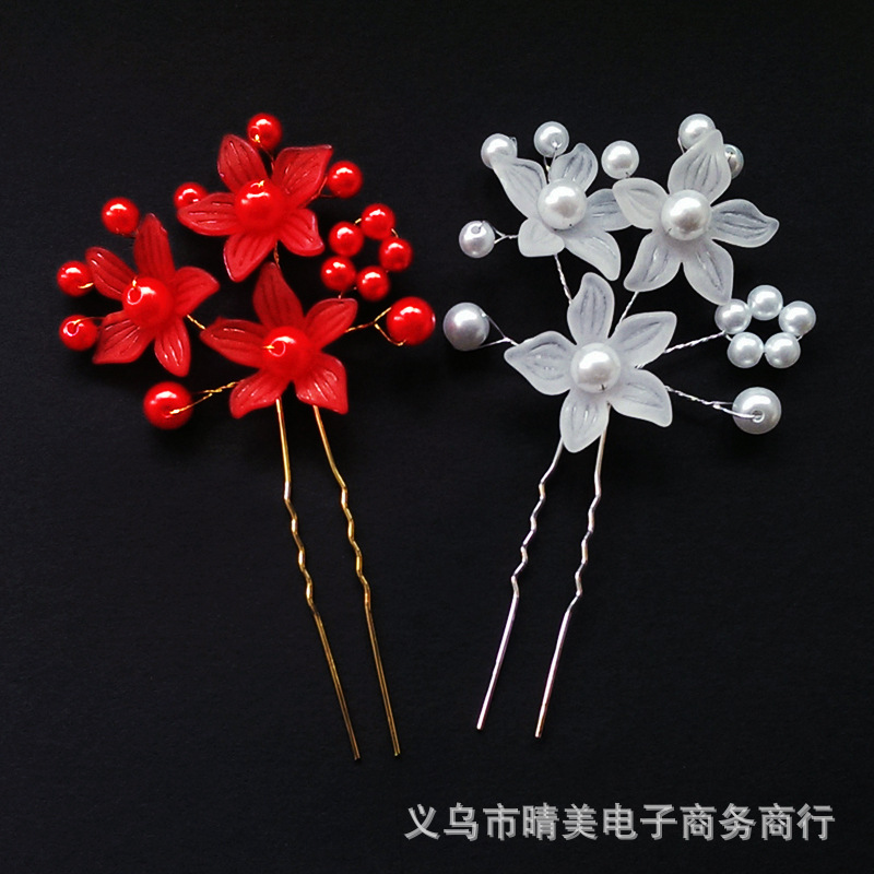 Venta caliente esmerilado flor perla en forma de U pelo tenedor nupcial updo pin tres flores modelado estilo étnico accesorios de cabeza hechos a mano