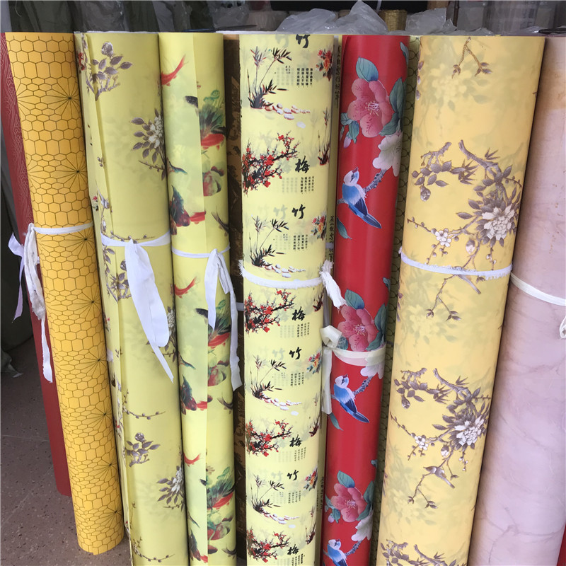 [Xianfan] en stock al por mayor amarillo PVC imitación pergamino tela de lino pantalla material decorativo