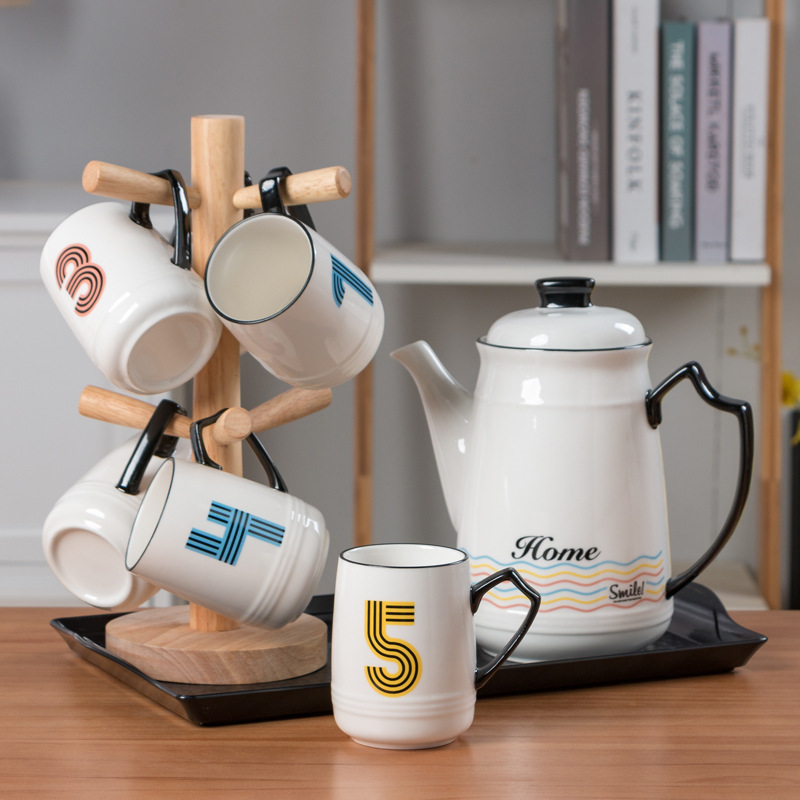 Digital Identification Cup Set with 6 Cups and Wooden Stand, European-Style Tea Set for Living Room and Office, Ceramic White Porcelain Water Pitcher and Cold Water Jug