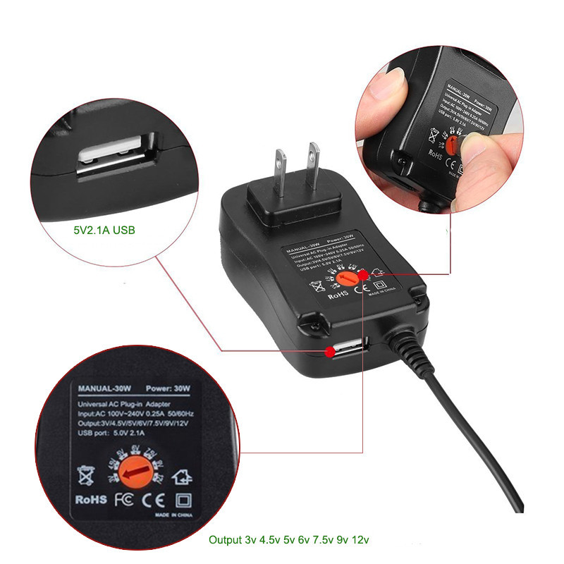 Fuente de alimentación ajustable 3V-12V adaptador 30W cargador de energía multifunción adaptador de corriente 8DC cabeza