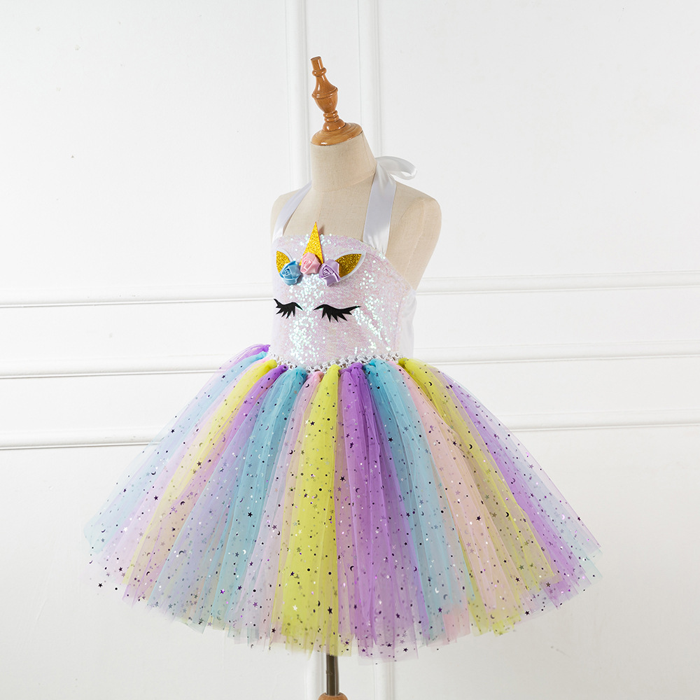 Ropa para niños gratis headwear pequeño lentejuelas estrellado cielo malla mano atada vestido de niña de un solo ángulo vestido de los niños