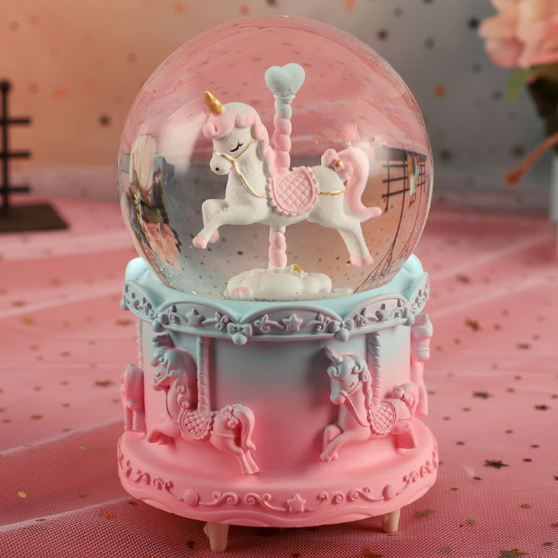 Caja de Música Giratoria de Dibujos Animados con Unicornio y Bola de Cristal, Nieva, Canción "El Castillo en el Cielo", Decoración para Dormitorio