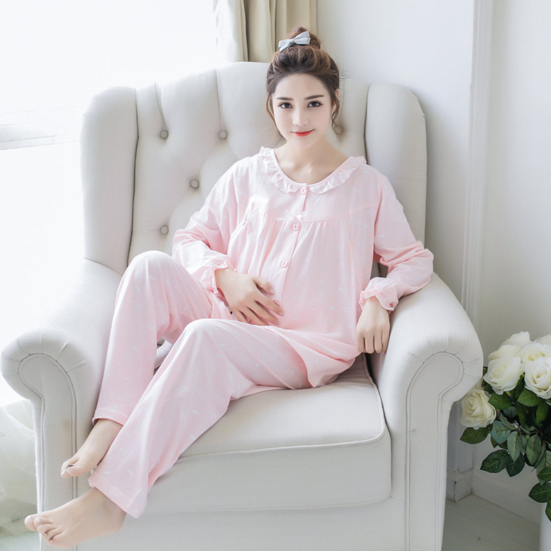 Spring and Autumn Women's Pure Cotton Pajamas Moon Clothes Cute Home Clothes Cardigan Long Sleeve Trousers Pregnant Women's Nursing Clothes