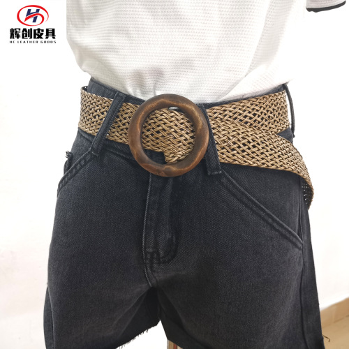 Wooden buckle Korean style trendy woven punch-free webbing fashion trend simple versatile casual decorative belt