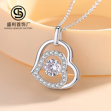 S925银短款时尚跳动的心挂坠女款爱心纯银吊坠锁骨链饰品一件代发