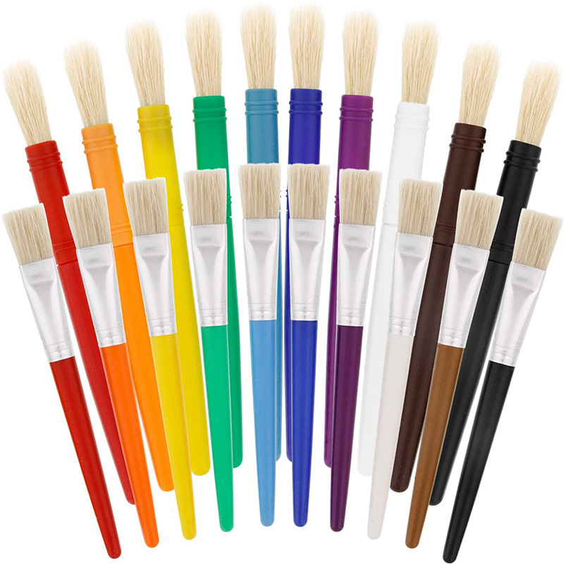 Cross Border 20 Pct Set Brush Children Painting Pig Mane Oil Painting Brush Candy Color Round Flat Head Plastic Rod Brush