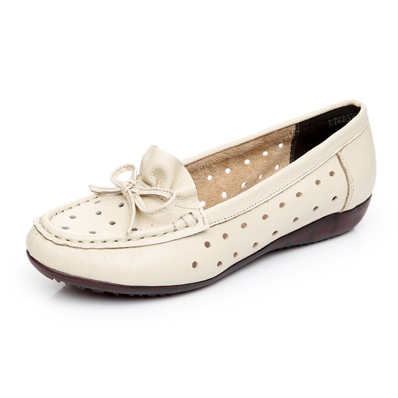 Cowhide soft bottom mom shoes flat round toe shallow mouth bow hollow hole shoes plus size women's shoes 6853